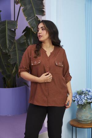 Cep Kapak Taş Detaylı Büyük Beden Kahve Gömlek - 3