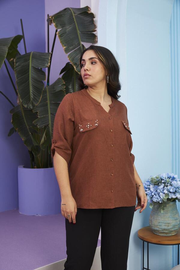 Cep Kapak Taş Detaylı Büyük Beden Kahve Gömlek - 4