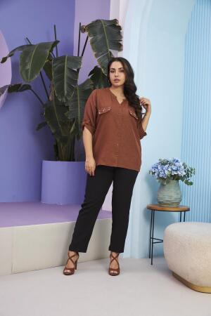 Cep Kapak Taş Detaylı Büyük Beden Kahve Gömlek - 5