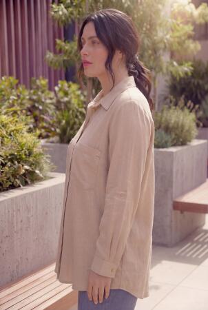 Cep Nakış Detaylı Kadın Büyük Beden Gömlek Bej - RMG (1)