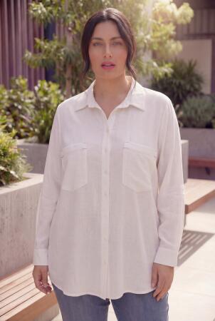 Cep Nakış Detaylı Kadın Büyük Beden Gömlek Beyaz - RMG