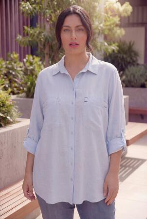 Cep Nakış Detaylı Kadın Büyük Beden Gömlek Mavi - RMG