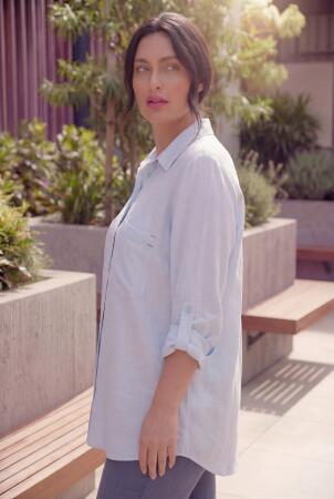 Cep Nakış Detaylı Kadın Büyük Beden Gömlek Mavi - RMG (1)