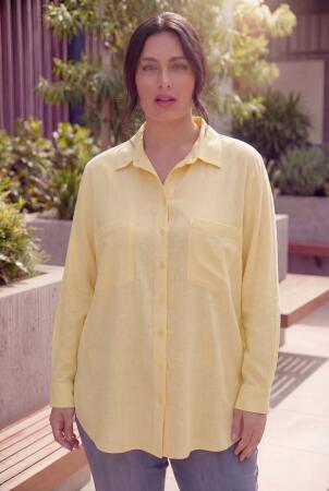 Cep Nakış Detaylı Kadın Büyük Beden Gömlek Sarı - RMG