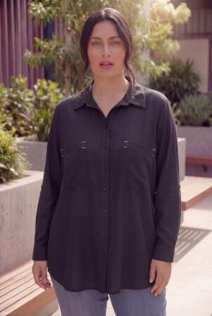 Cep Nakış Detaylı Kadın Büyük Beden Gömlek Siyah - RMG