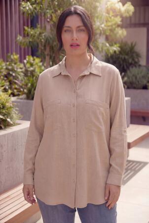 Cep Nakış Detaylı Kadın Büyük Beden Gömlek Vizon - RMG