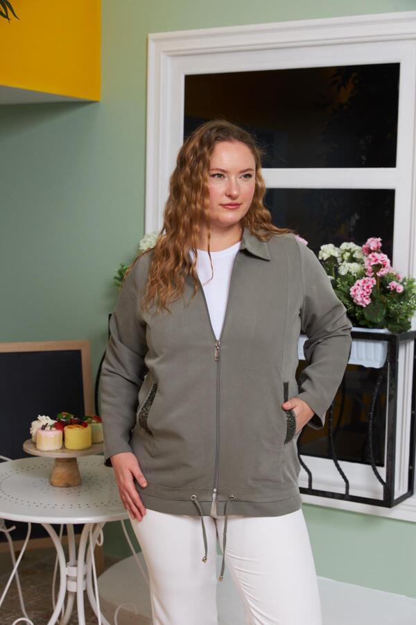 Cep Pul Payet Detaylı Büyük Beden Ceket Haki - 4