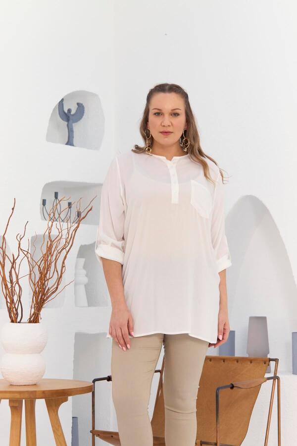 Cep Ve Kol Detaylı Vual Viskon Yırtmaçlı Büyük Beden Ekru Tunik - 1