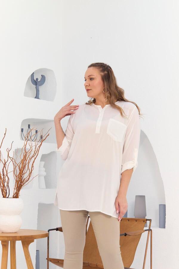 Cep Ve Kol Detaylı Vual Viskon Yırtmaçlı Büyük Beden Ekru Tunik - 2