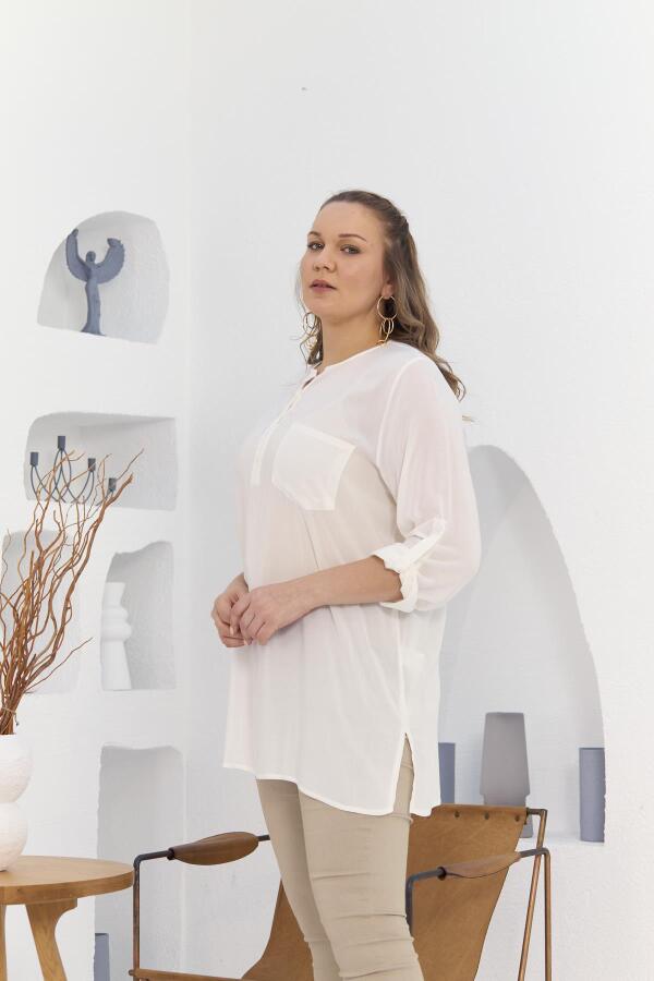 Cep Ve Kol Detaylı Vual Viskon Yırtmaçlı Büyük Beden Ekru Tunik - 3