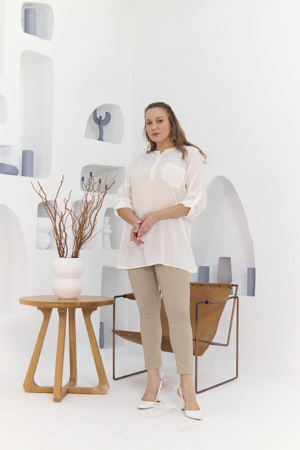 Cep Ve Kol Detaylı Vual Viskon Yırtmaçlı Büyük Beden Ekru Tunik - 5