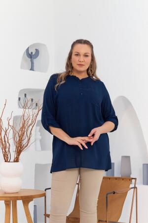 Cep Ve Kol Detaylı Vual Viskon Yırtmaçlı Büyük Beden Lacivert Tunik - RMG