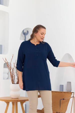 Cep Ve Kol Detaylı Vual Viskon Yırtmaçlı Büyük Beden Lacivert Tunik - RMG (1)