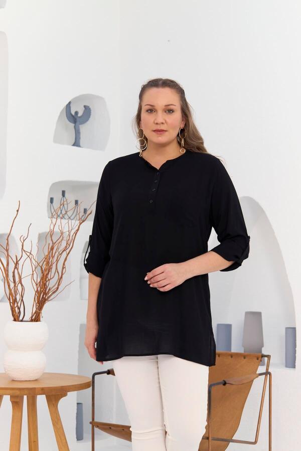Cep Ve Kol Detaylı Vual Viskon Yırtmaçlı Büyük Beden Siyah Tunik - 1