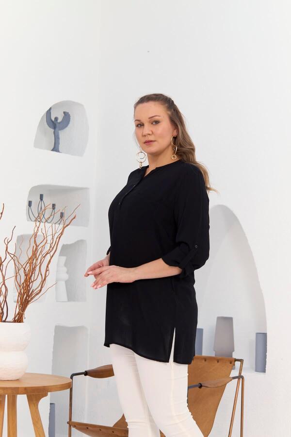 Cep Ve Kol Detaylı Vual Viskon Yırtmaçlı Büyük Beden Siyah Tunik - 2