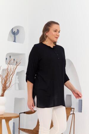 Cep Ve Kol Detaylı Vual Viskon Yırtmaçlı Büyük Beden Siyah Tunik - 3