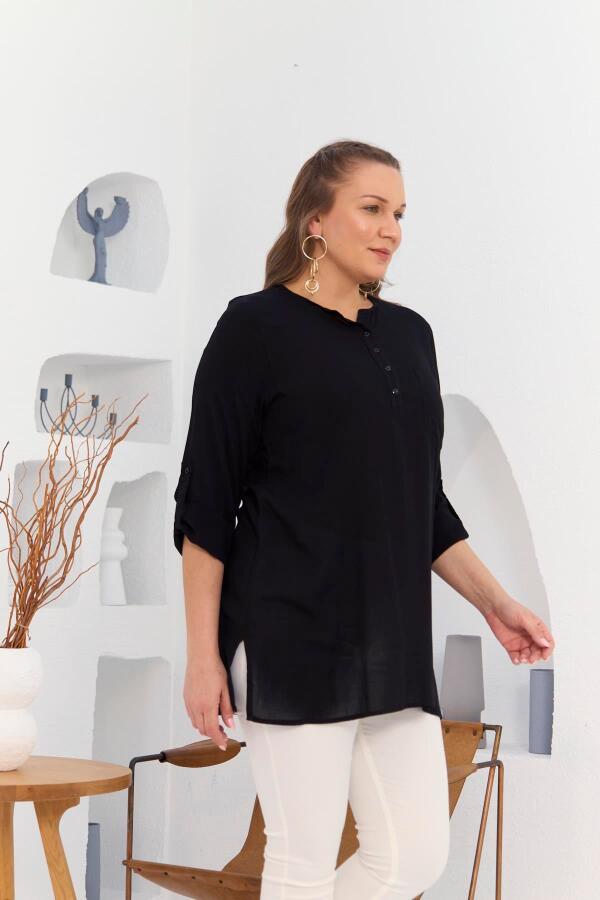 Cep Ve Kol Detaylı Vual Viskon Yırtmaçlı Büyük Beden Siyah Tunik - 3