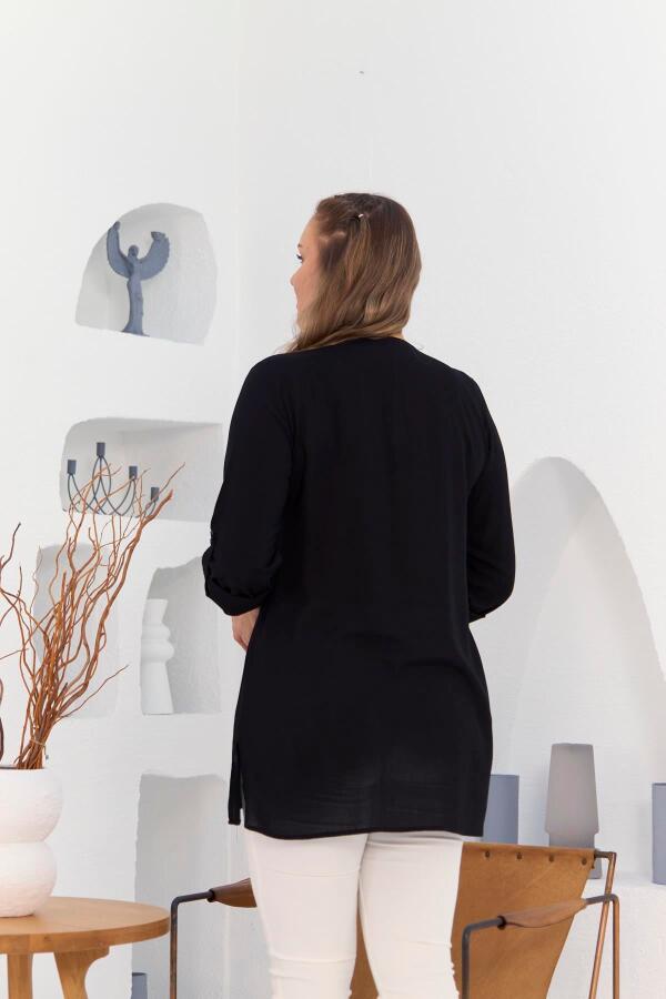 Cep Ve Kol Detaylı Vual Viskon Yırtmaçlı Büyük Beden Siyah Tunik - 4