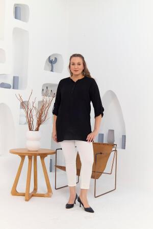 Cep Ve Kol Detaylı Vual Viskon Yırtmaçlı Büyük Beden Siyah Tunik - 5