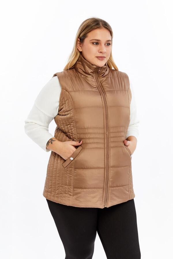 Cepli Büyük Beden Kapitone Yelek Vizon - 2