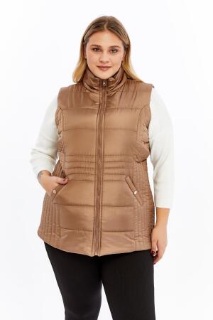 Cepli Büyük Beden Kapitone Yelek Vizon - 4