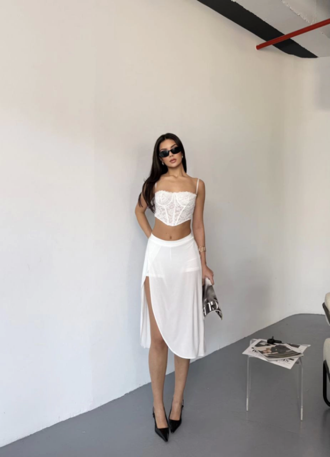 Çepli Şortlu Yırtmaçlı Etek - Beyaz - 1