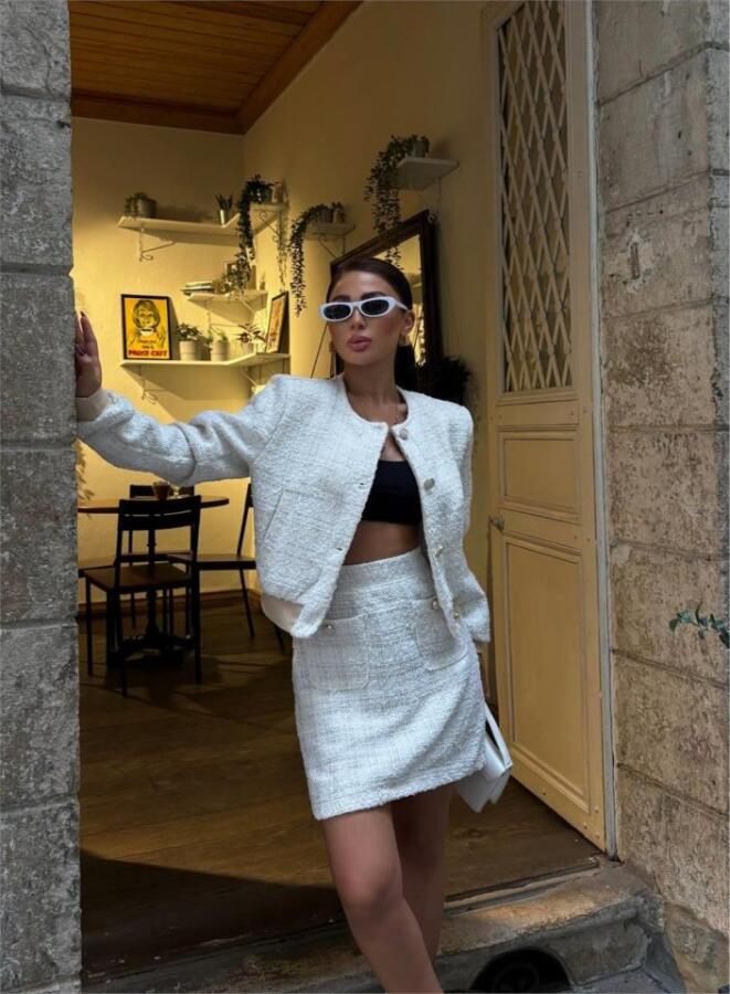 CHANEL CROP CEKET-KISA ETEK TAKIM - Beyaz - 3