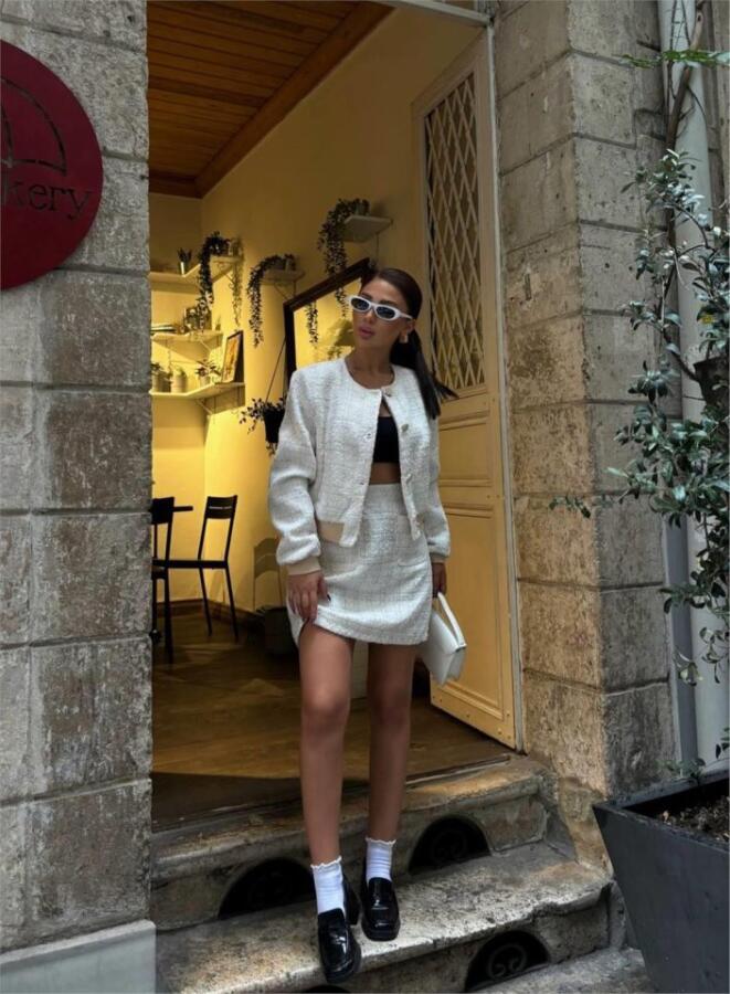 CHANEL CROP CEKET-KISA ETEK TAKIM - Beyaz - 4