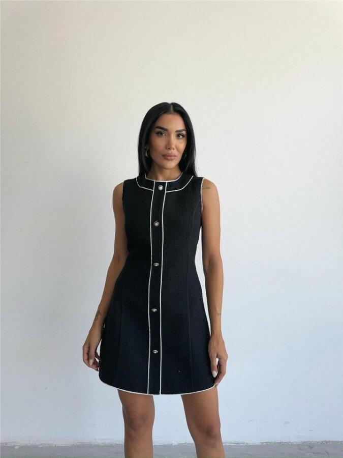CHANEL KUMAŞ KISA ÖNDEN DÜĞMELİ ELBİSE - Siyah - 2