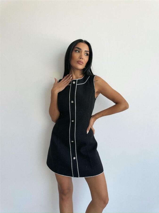 CHANEL KUMAŞ KISA ÖNDEN DÜĞMELİ ELBİSE - Siyah - 3