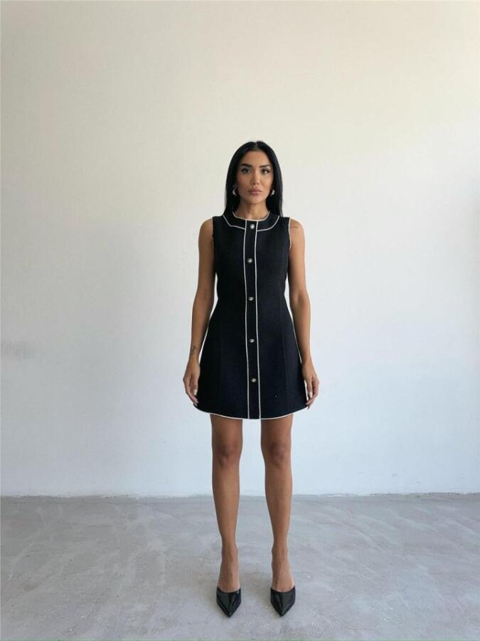 CHANEL KUMAŞ KISA ÖNDEN DÜĞMELİ ELBİSE - Siyah - 4
