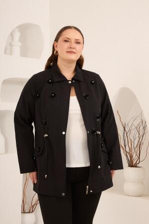 Çiçek Aplikeli Kadın Büyük Beden Trençkot Siyah - RMG