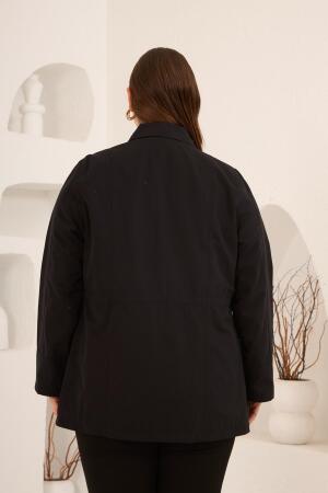 Çiçek Aplikeli Kadın Büyük Beden Trençkot Siyah - 6