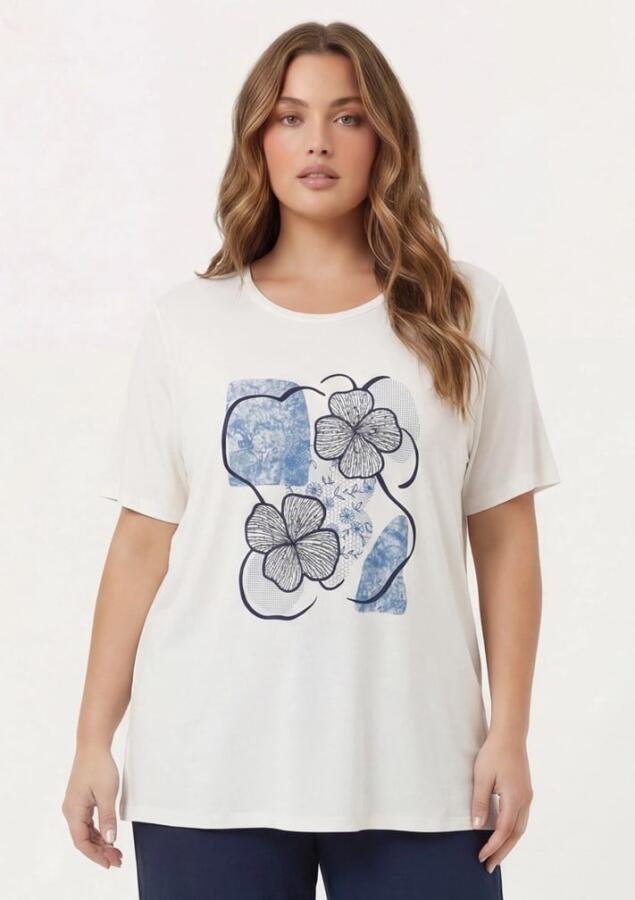 Çiçek Baskılı Kadın Büyük Beden Tişört Ekru - 1