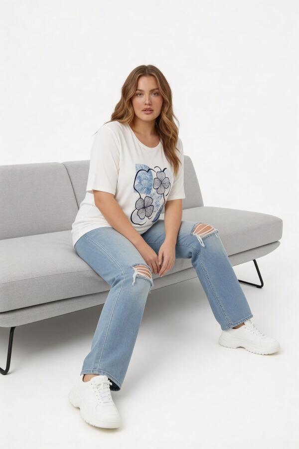 Çiçek Baskılı Kadın Büyük Beden Tişört Ekru - 2