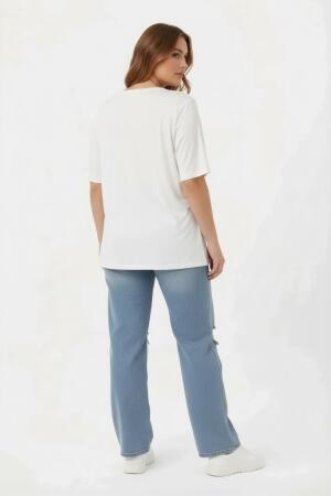 Çiçek Baskılı Kadın Büyük Beden Tişört Ekru - 5