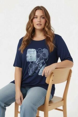 Çiçek Baskılı Kadın Büyük Beden Tişört Lacivert - RMG (1)