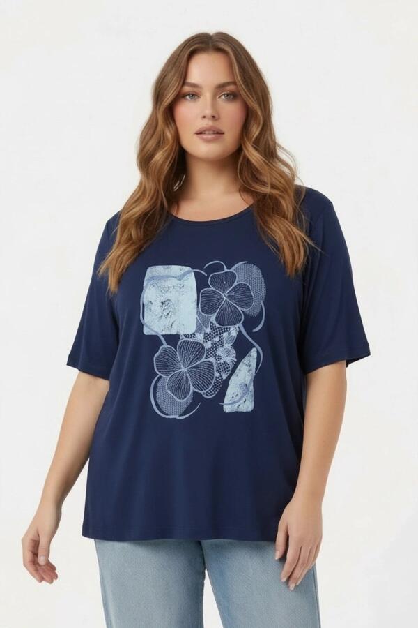 Çiçek Baskılı Kadın Büyük Beden Tişört Lacivert - 1