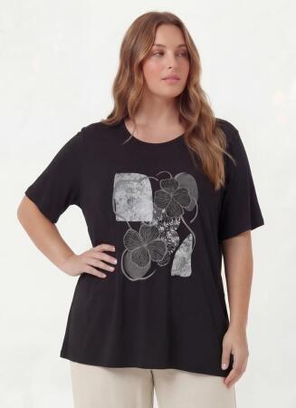 Çiçek Baskılı Kadın Büyük Beden Tişört Siyah - RMG
