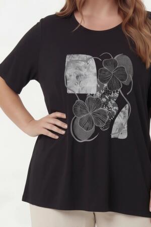 Çiçek Baskılı Kadın Büyük Beden Tişört Siyah - RMG (1)