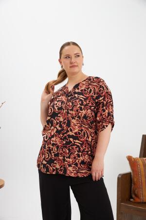 Çiçek Desenli Büyük Beden Bluz Siyah - RMG