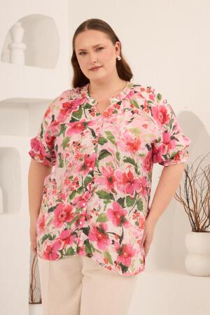 Çiçek Desenli Büyük Beden Kol Büzgülü Gömlek Fuşya - RMG