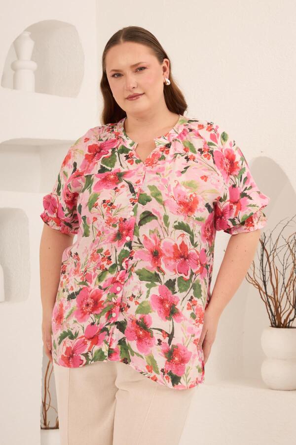 Çiçek Desenli Büyük Beden Kol Büzgülü Gömlek Fuşya - 1