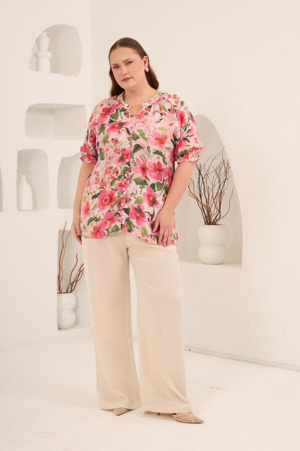 Çiçek Desenli Büyük Beden Kol Büzgülü Gömlek Fuşya - 5