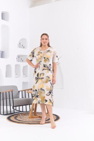 Çiçek Desenli Büyük Beden Sarı Elbise - RMG