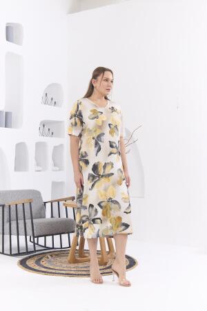 Çiçek Desenli Büyük Beden Sarı Elbise - 4