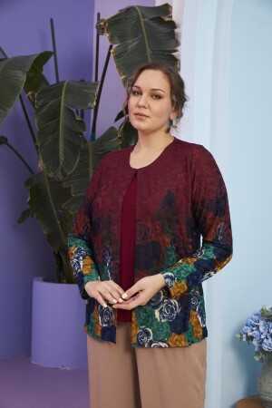 Çiçek Desenli Büyük Beden Tek Parça Bordo Bluz - 3