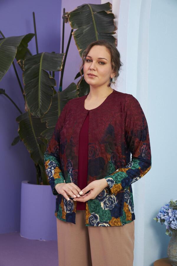 Çiçek Desenli Büyük Beden Tek Parça Bordo Bluz - 3