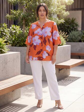 Çiçek Desenli Kadın Büyük Beden Gömlek Kiremit - RMG (1)