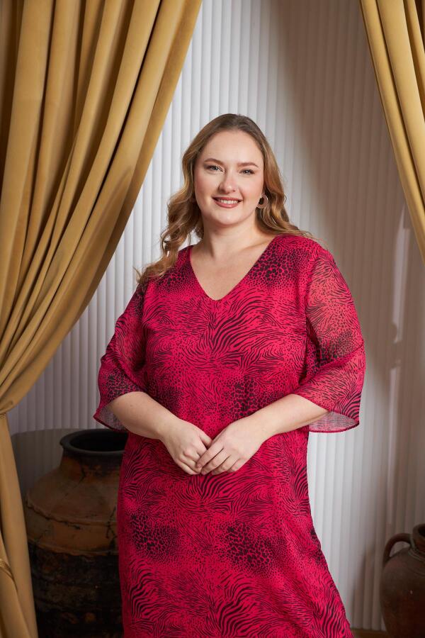 Çiçek Desenli V Yaka Büyük Beden Günlük Elbise Fuşya - 3